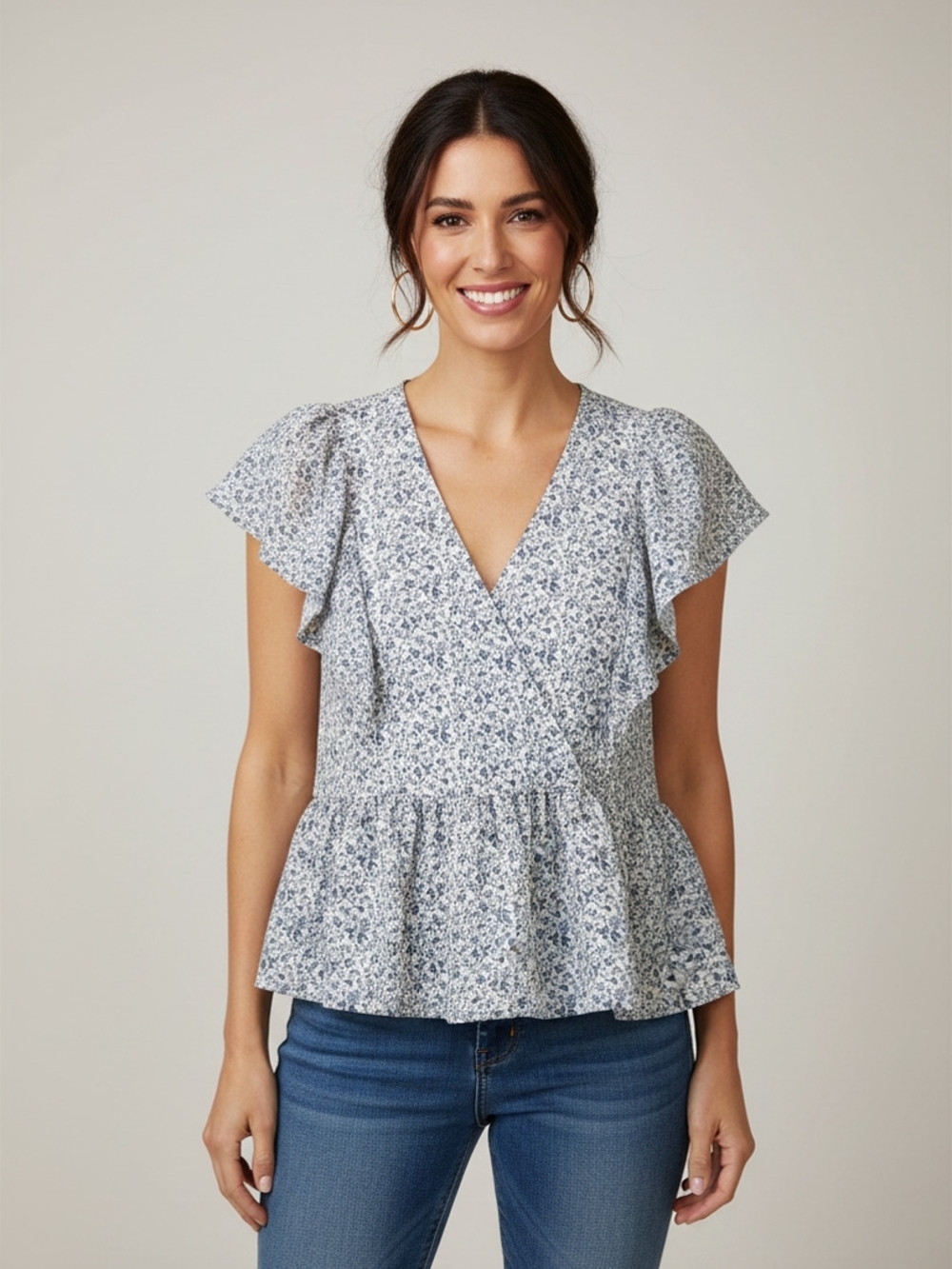 Madewell Blue & White Floral Wrap Peplum Top